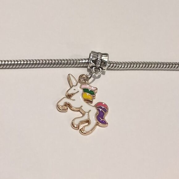 Silver Gold Rainbow Unicorn Enamel Dangle Charm for Pandora Style Bracelet - Picture 2 of 4